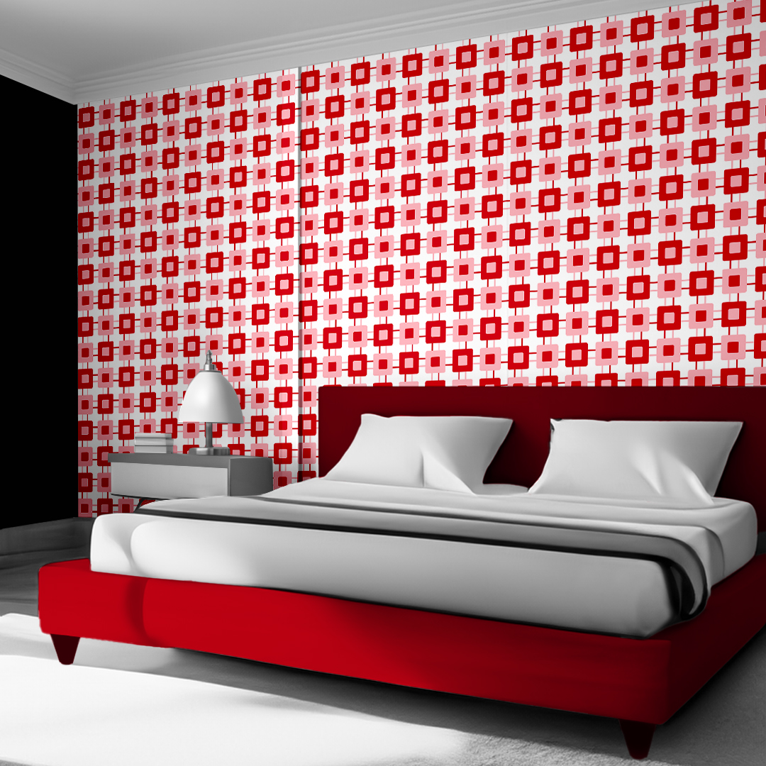 The artwork features a repeating geometric pattern of symmetrical shapes resembling elongated, curved diamonds or petals in various shades of blue and green. Each shape is split vertically with one half filled with a light blue and the other half filled with green or darker blue. The background is a light, almost pastel blue, which provides a soft yet vibrant backdrop. One of the blue shapes near the upper left contains a white starburst element, adding a focal point of brightness to the composition. The overall design conveys a modern, mid-century aesthetic with clean lines and harmonious color contrasts.